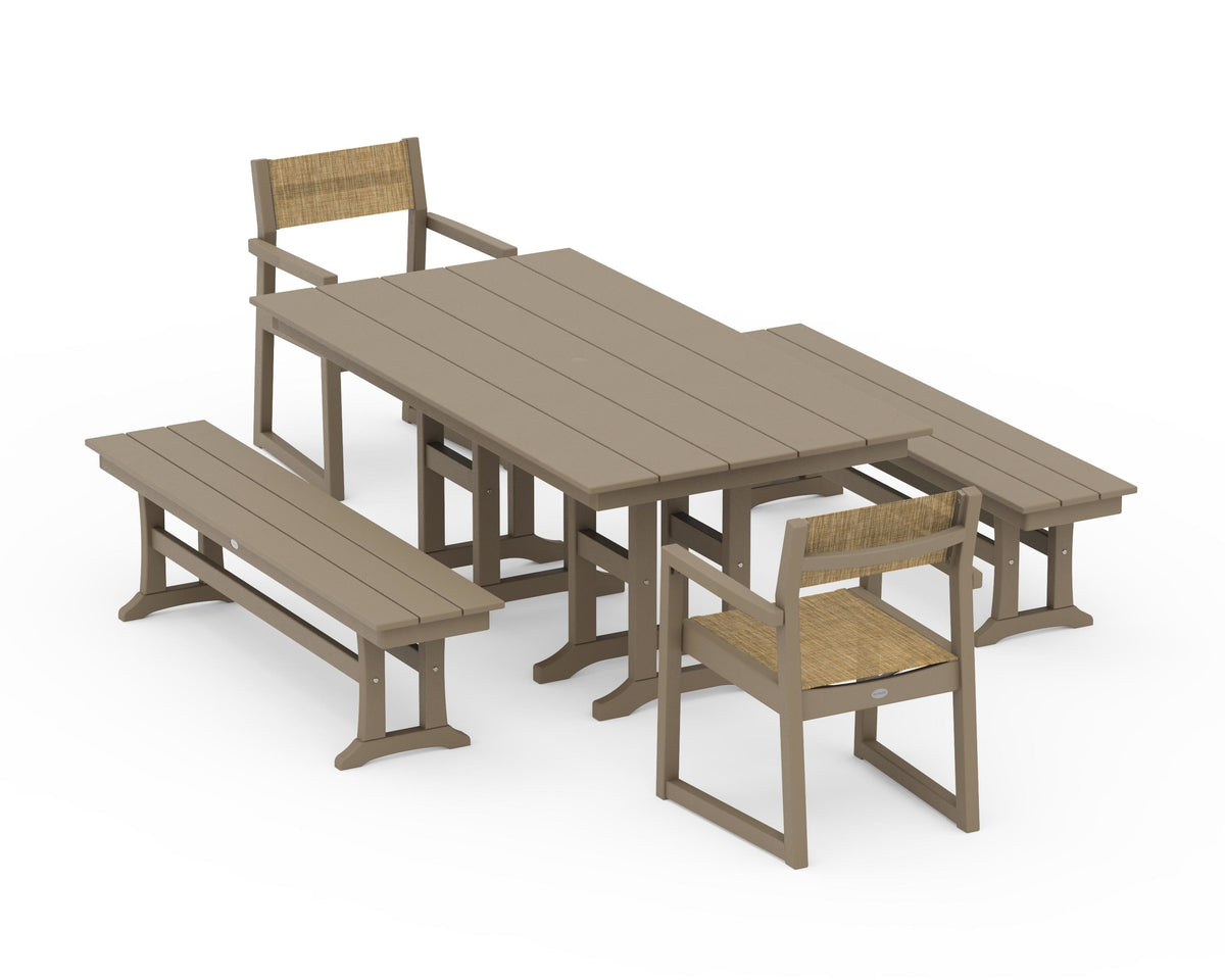 POLYWOOD EDGE Sling Arm Chair 5-Piece Farmhouse Dining Set with Benches in Vintage Sahara / Burlap