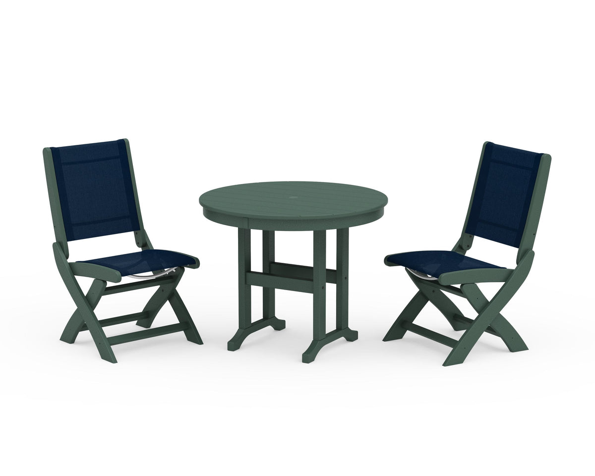POLYWOOD Coastal Folding Side Chair 3-Piece Round Dining Set in Green / Navy Blue