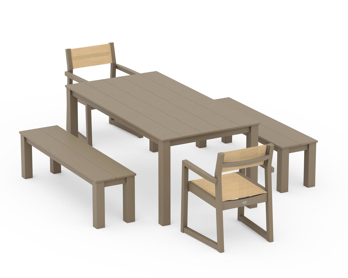 POLYWOOD EDGE Sling Arm Chair 5-Piece Parsons Dining Set with Benches in Vintage Sahara / Dupioni Apricot