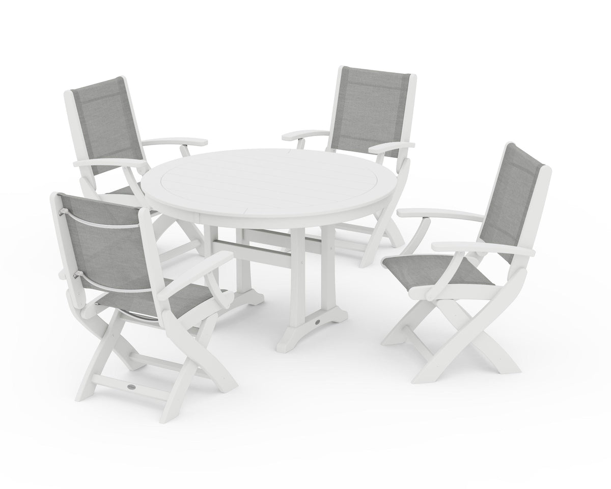 POLYWOOD Coastal Folding Chair 5-Piece Round Dining Set with Trestle Legs in White / Metallic