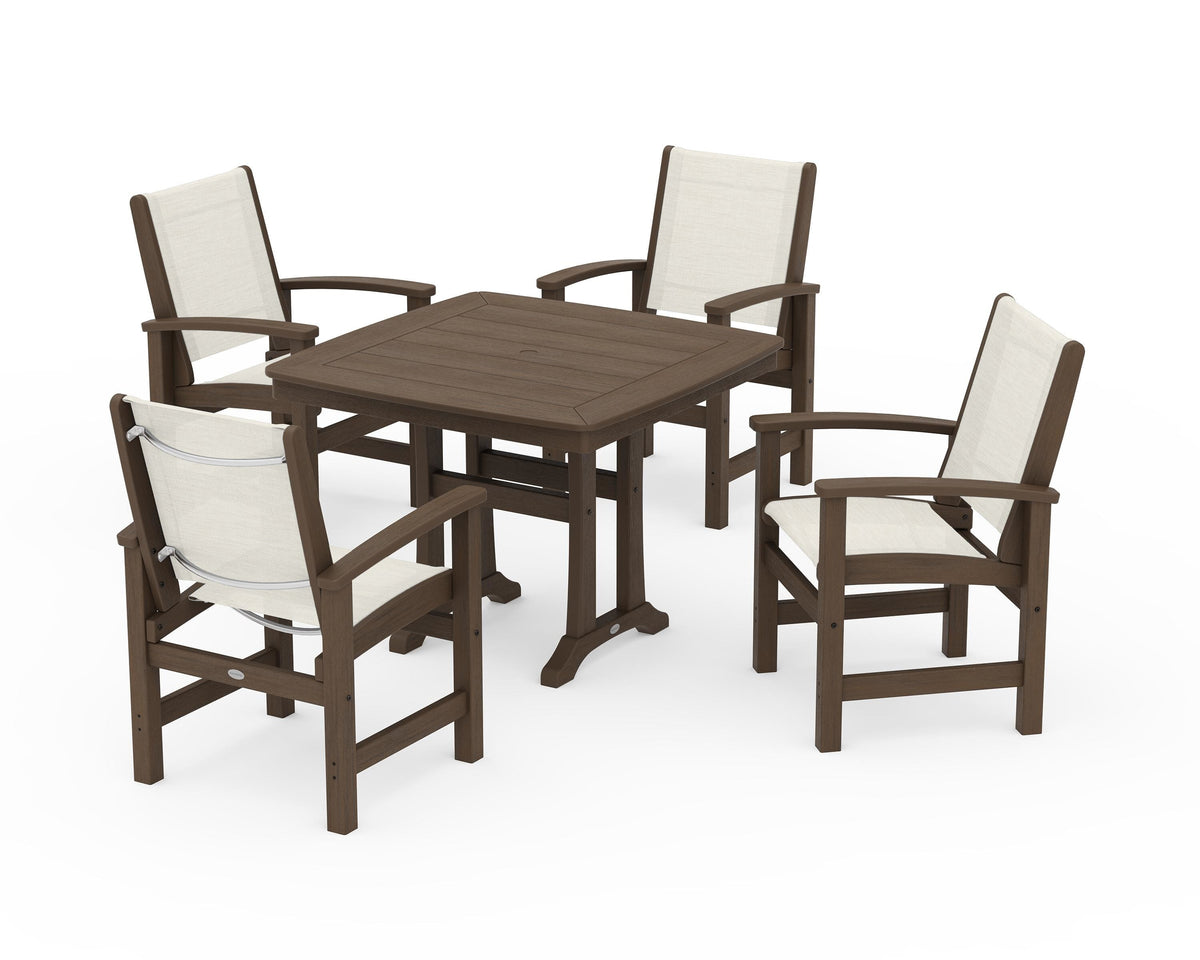 POLYWOOD Coastal 5-Piece Dining Set with Trestle Legs with Nautical Trestle 37" Dining Table in Kona / Parchment