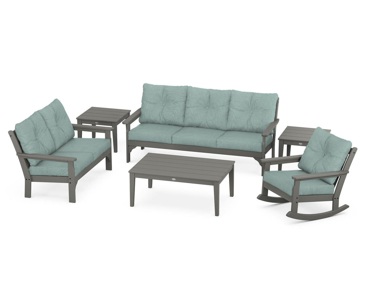 POLYWOOD Vineyard 6-Piece Deep Seating Set with Rocking Chair in Slate Grey / Glacier Spa