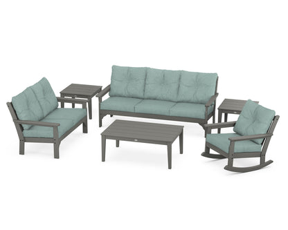 POLYWOOD Vineyard 6-Piece Deep Seating Set with Rocking Chair in Slate Grey / Glacier Spa