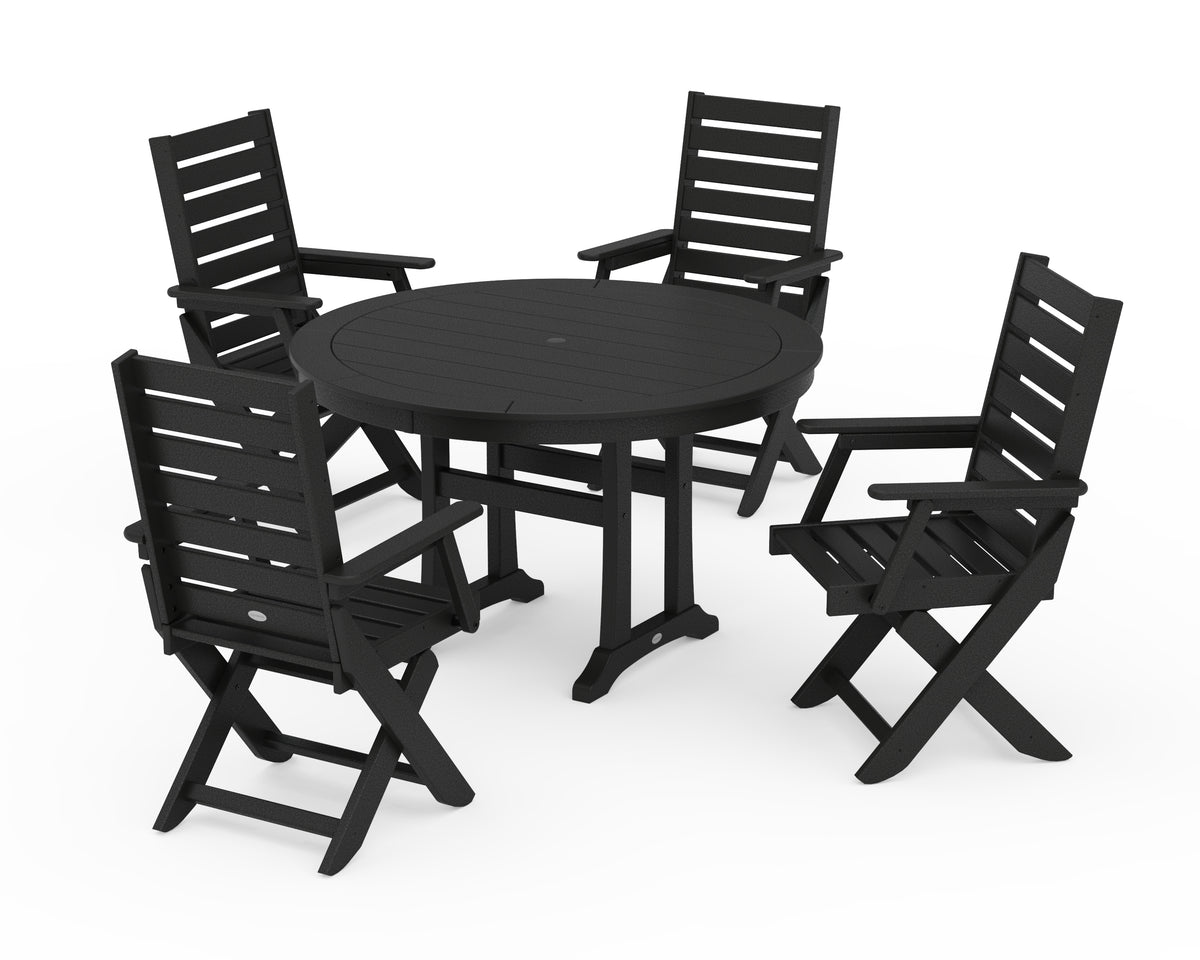 POLYWOOD Captain Folding Chair 5-Piece Round Dining Set with Trestle Legs in Black