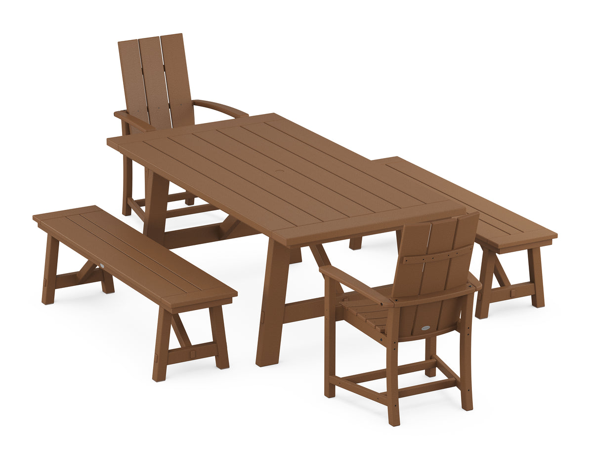 POLYWOOD Modern Adirondack 5-Piece Rustic Farmhouse Dining Set with Benches in Teak