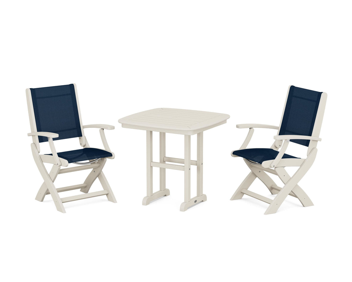POLYWOOD Coastal Folding Chair 3-Piece Dining Set in Sand / Navy Blue