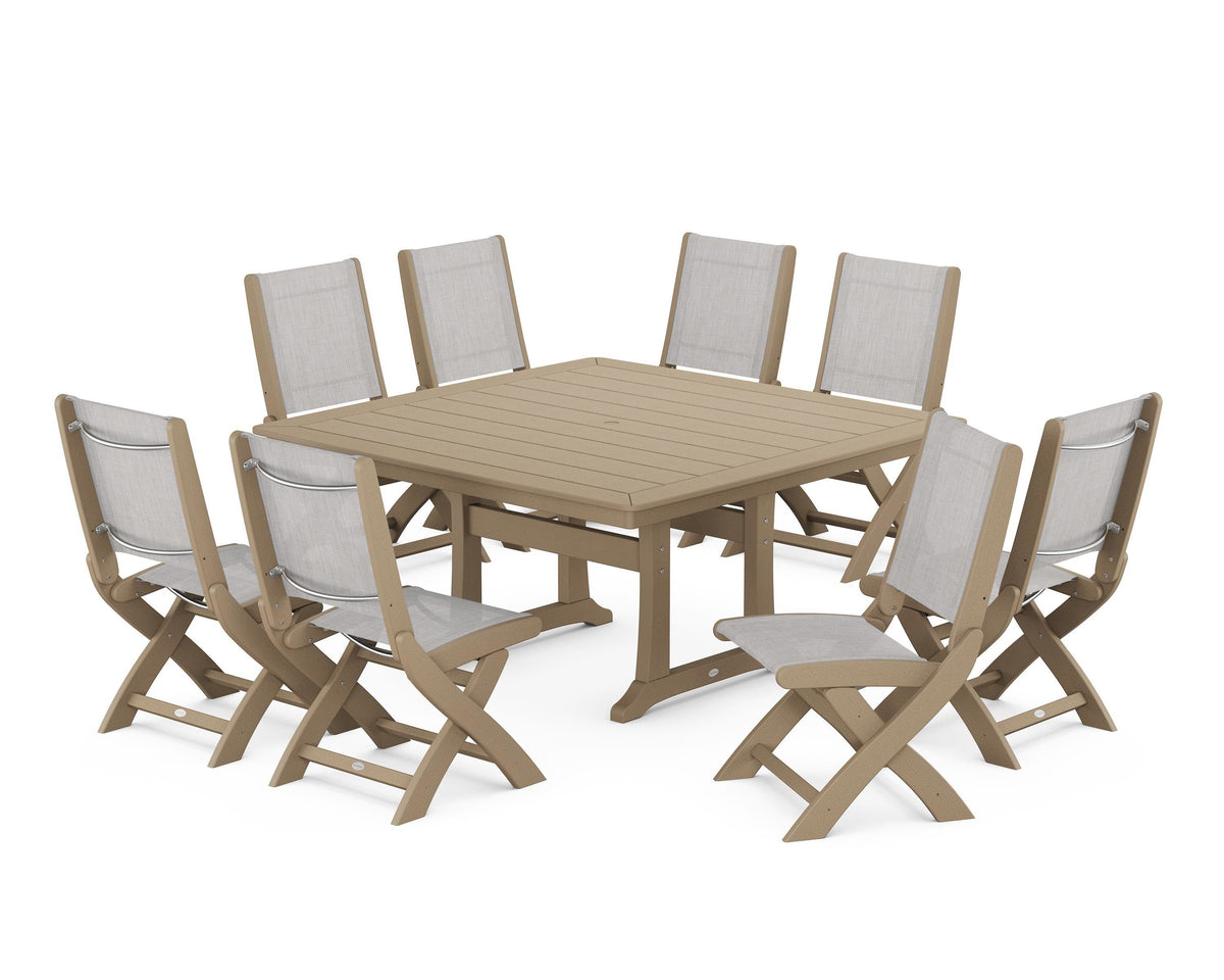 POLYWOOD Coastal Folding Side Chair 9-Piece Dining Set with Trestle Legs in Vintage Sahara / Parchment