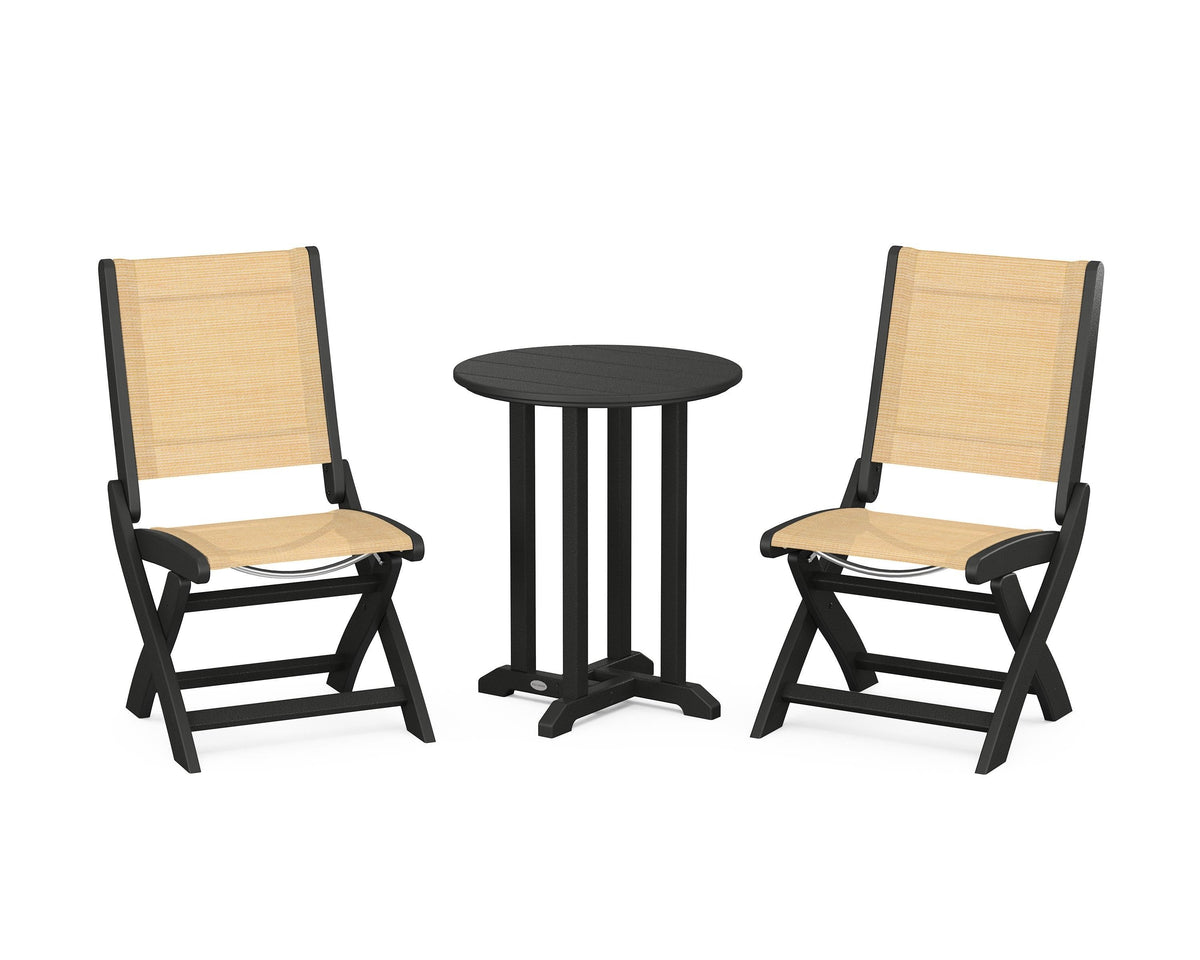 POLYWOOD Coastal Folding Side Chair 3-Piece Round Bistro Dining Set in Black / Dupioni Apricot