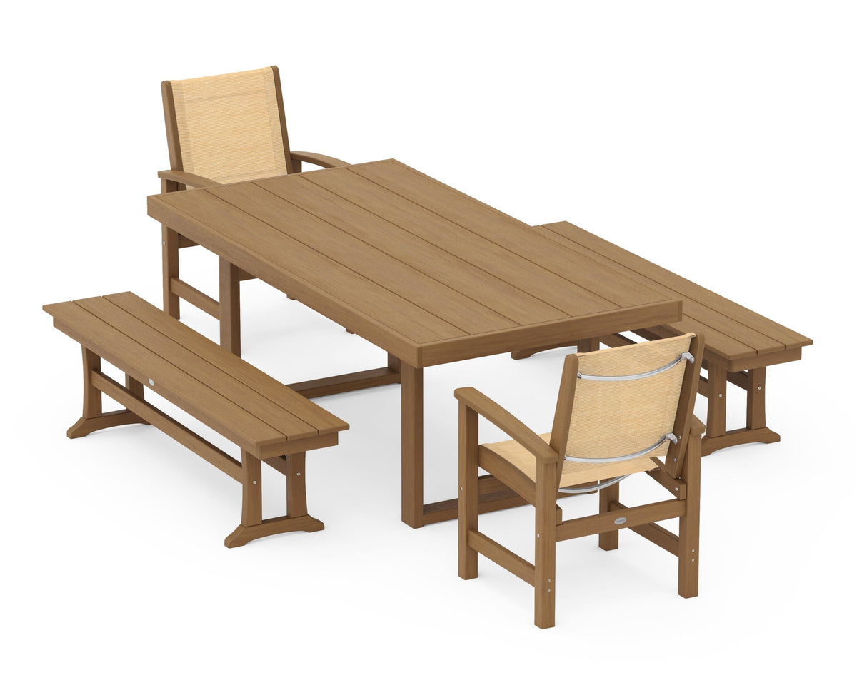 POLYWOOD Coastal 5-Piece Dining Set with Trestle Legs with EDGE 40" x 78" Dining Table in Natural / Dupioni Apricot