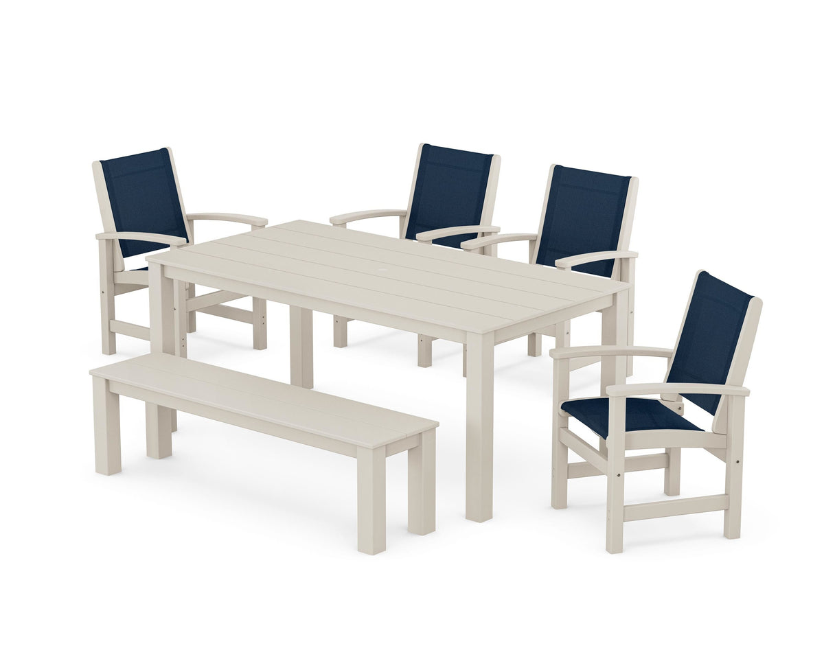 POLYWOOD Coastal 6-Piece Parsons Dining Set with Bench in Sand / Navy Blue
