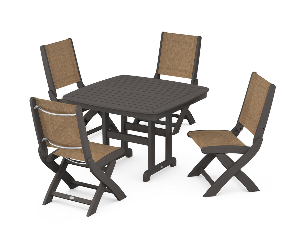 POLYWOOD Coastal Folding Side Chair 5-Piece Dining Set with Nautical 44" Dining Table in Vintage Coffee / Burlap