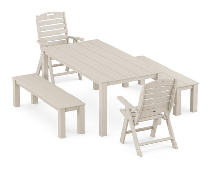 POLYWOOD Nautical Folding Highback Chair 5-Piece Parsons Dining Set with Benches in Sand