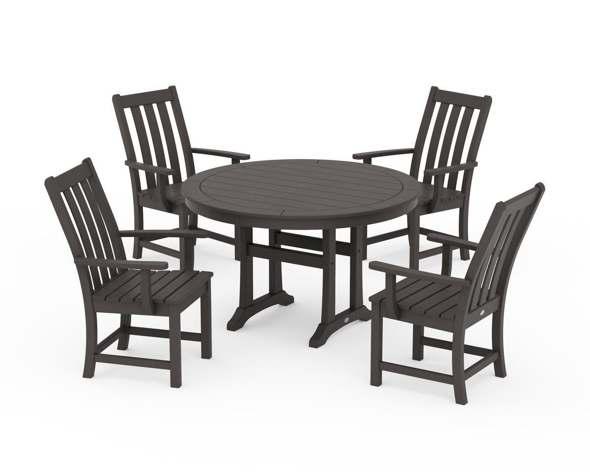 POLYWOOD Vineyard 5-Piece Round Dining Set with Trestle Legs in Vintage Coffee