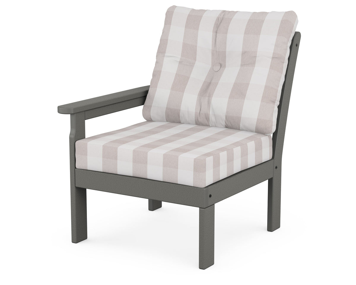POLYWOOD Vineyard Modular Left Arm Chair in Slate Grey / Buffalo Plaid Dune Burlap