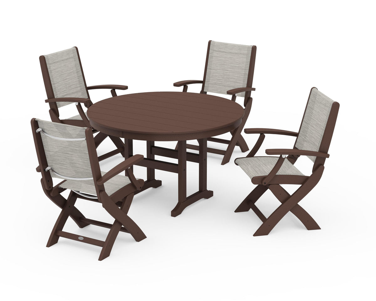 POLYWOOD Coastal Folding Chair 5-Piece Round Dining Set in Mahogany / Birch
