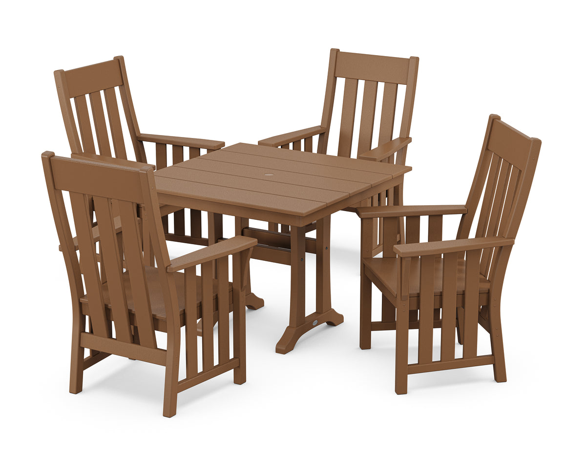 POLYWOOD Acadia 5-Piece Farmhouse Dining Set with Trestle Legs in Teak