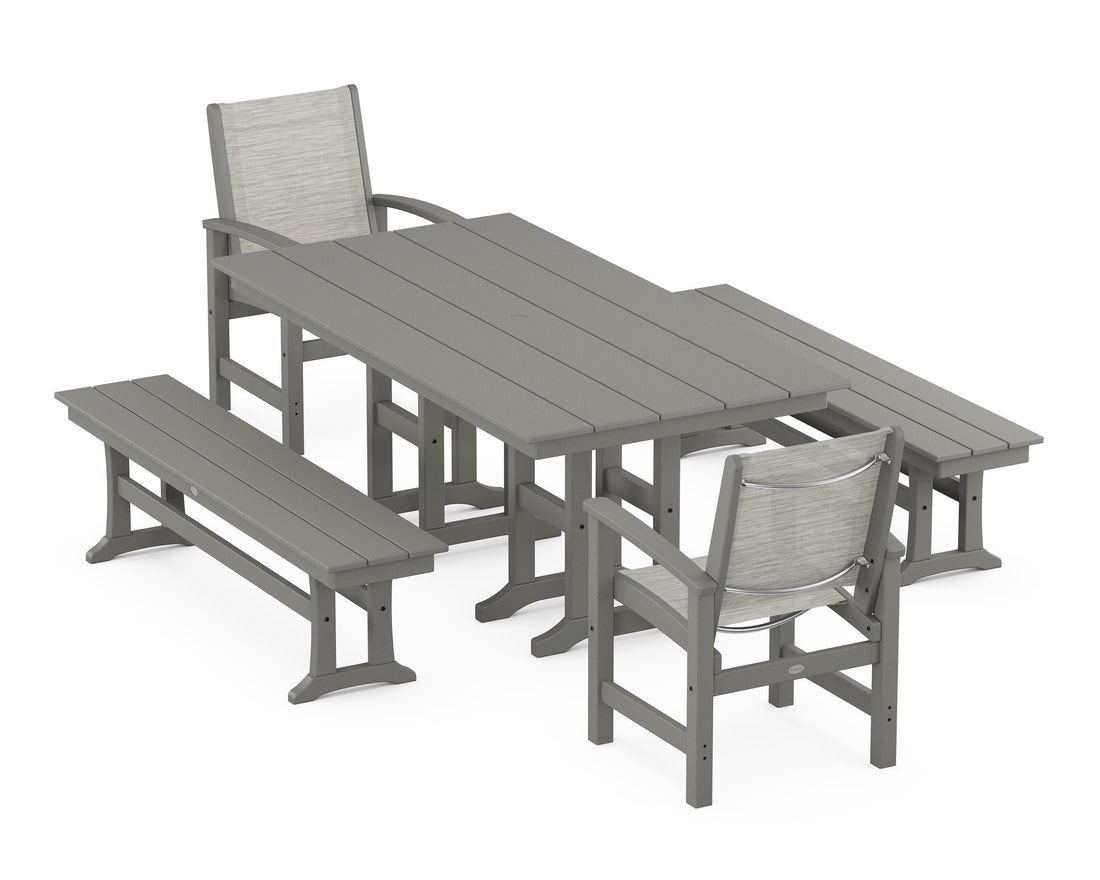 POLYWOOD Coastal 5-Piece Farmhouse Dining Set with Farmhouse 37" x 72" Dining Table in Slate Grey / Birch