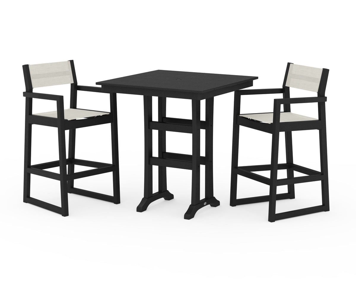 POLYWOOD EDGE Sling Arm Chair 3-Piece Farmhouse Bar Set with Trestle Legs in Black / Parchment