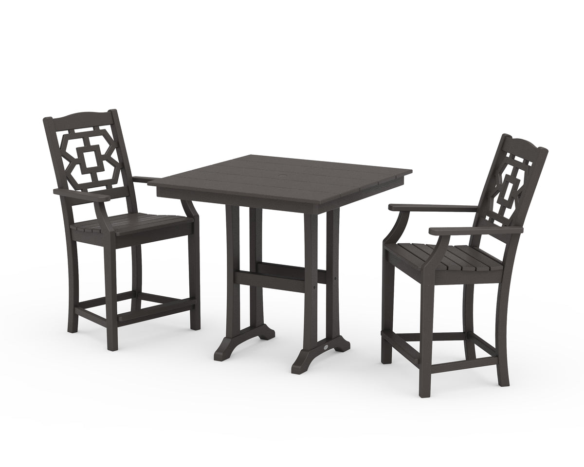 POLYWOOD Chinoiserie 3-Piece Farmhouse Counter Set with Trestle Legs in Vintage Coffee
