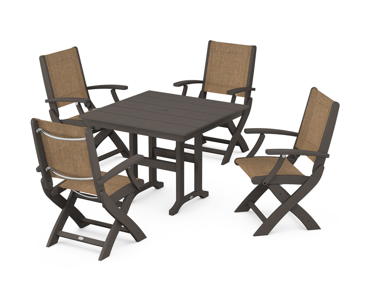 POLYWOOD Coastal Folding Chair 5-Piece Farmhouse Dining Set in Vintage Coffee / Burlap