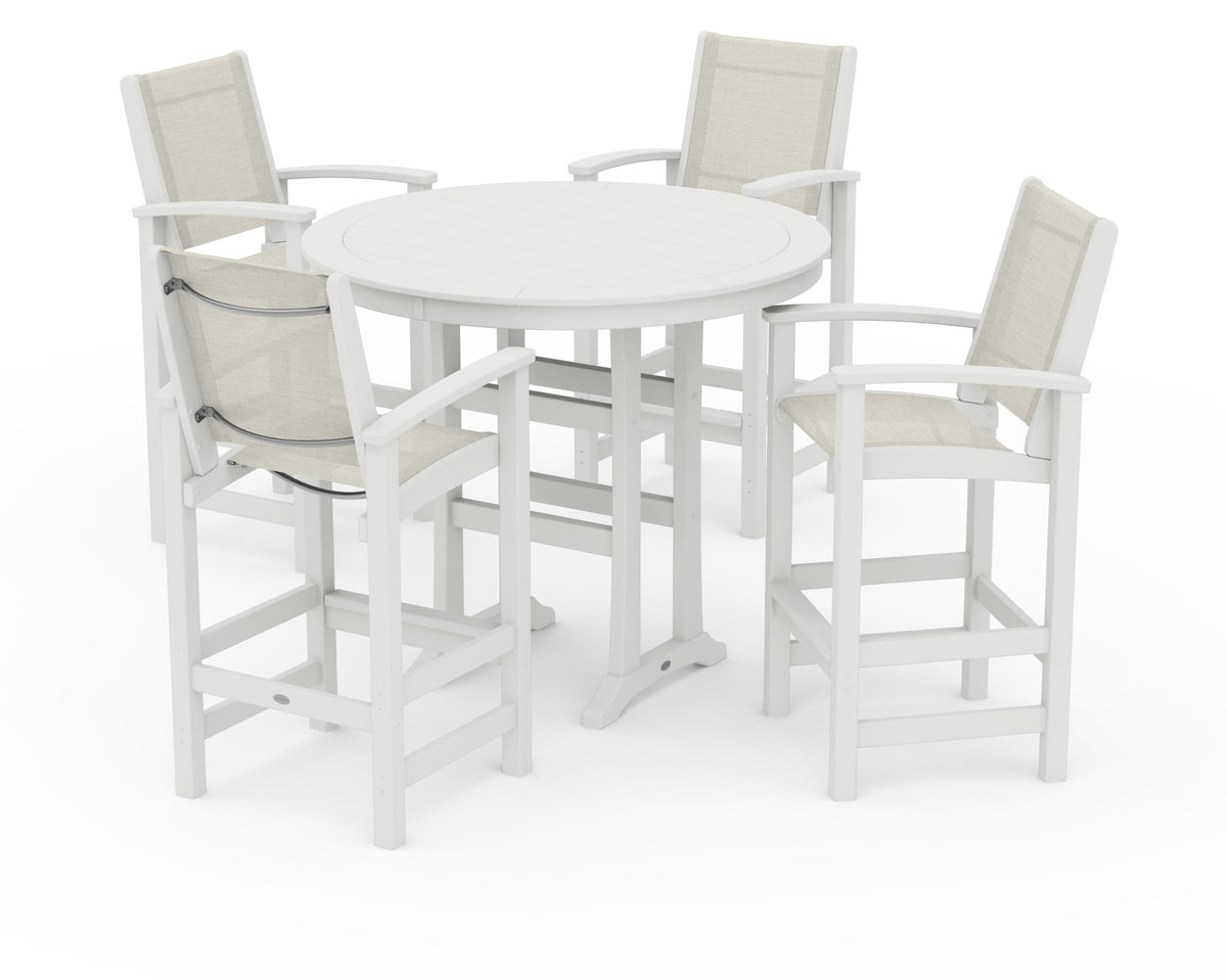 POLYWOOD Coastal 5-Piece Nautical Trestle Bar Set in Vintage White / Parchment