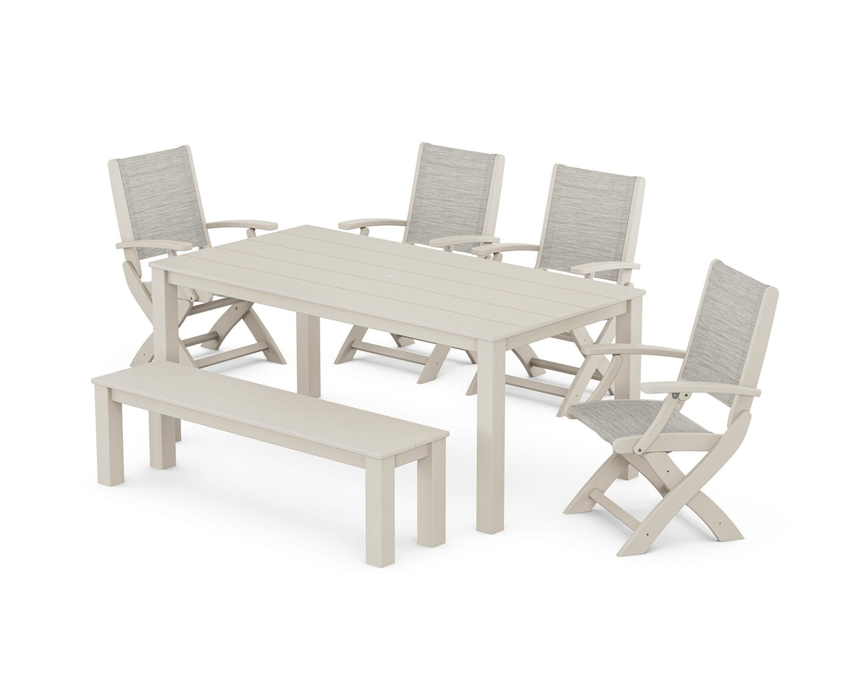 POLYWOOD Coastal Folding Chair 6-Piece Parsons Dining Set with Bench in Sand / Birch