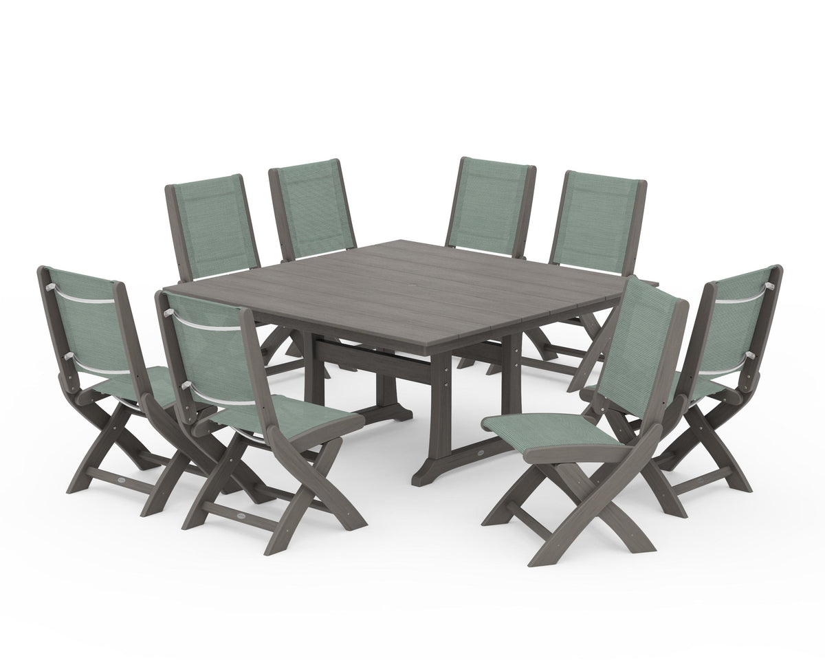 POLYWOOD Coastal Folding Side Chair 9-Piece Farmhouse Dining Set in Driftwood / Dupioni Sea Mist