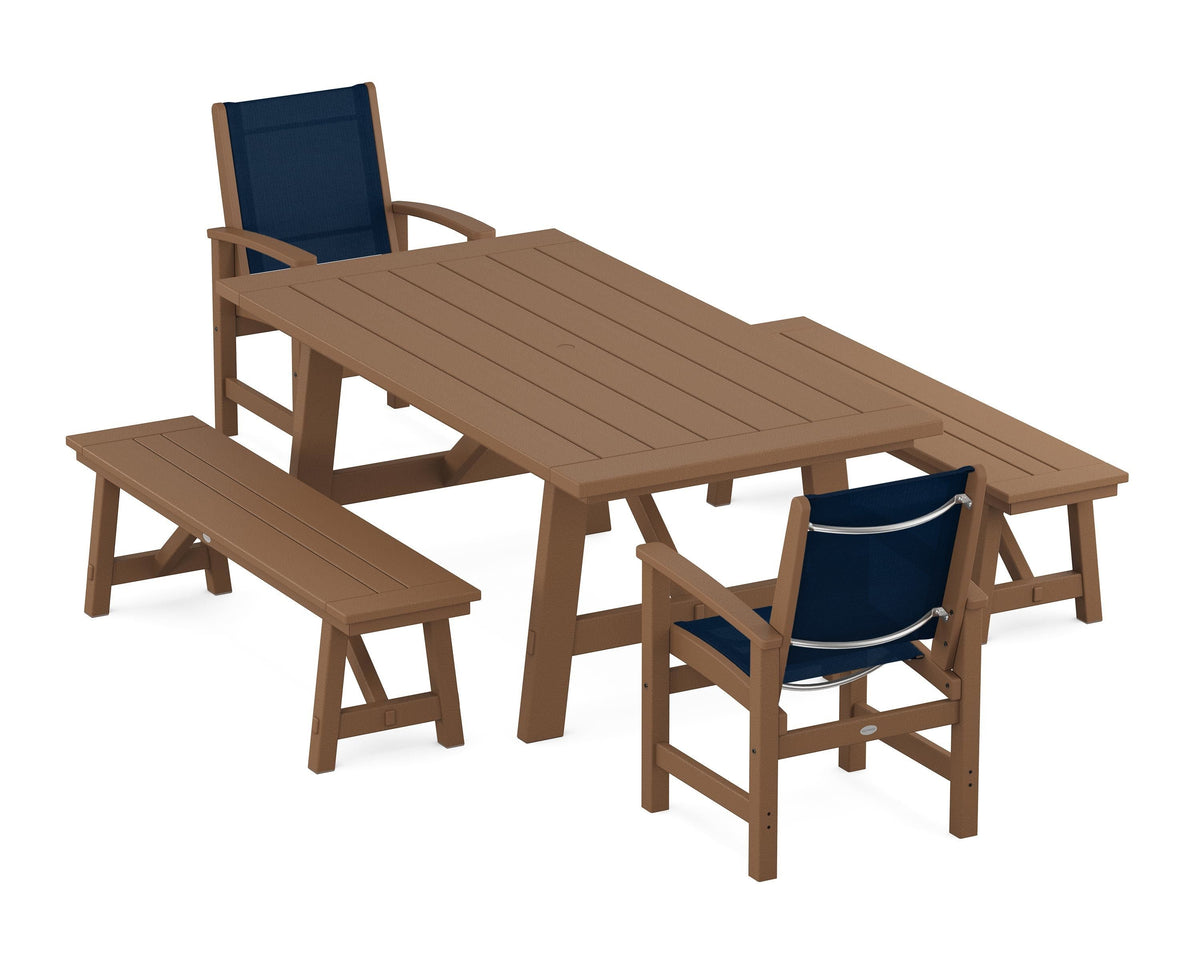 POLYWOOD Coastal 5-Piece Rustic Farmhouse Dining Set With Benches in Teak / Navy Blue