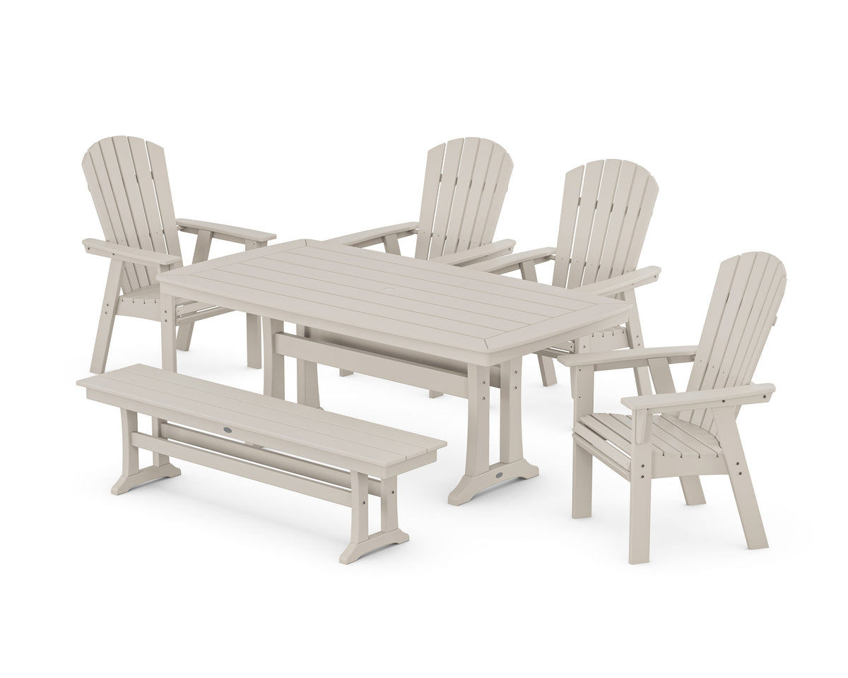 POLYWOOD Nautical Curveback Adirondack 6-Piece Dining Set with Trestle Legs and Bench in Sand