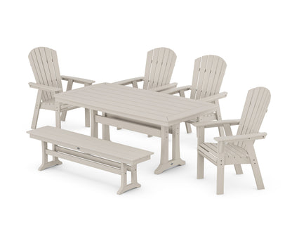 POLYWOOD Nautical Curveback Adirondack 6-Piece Dining Set with Trestle Legs and Bench in Sand