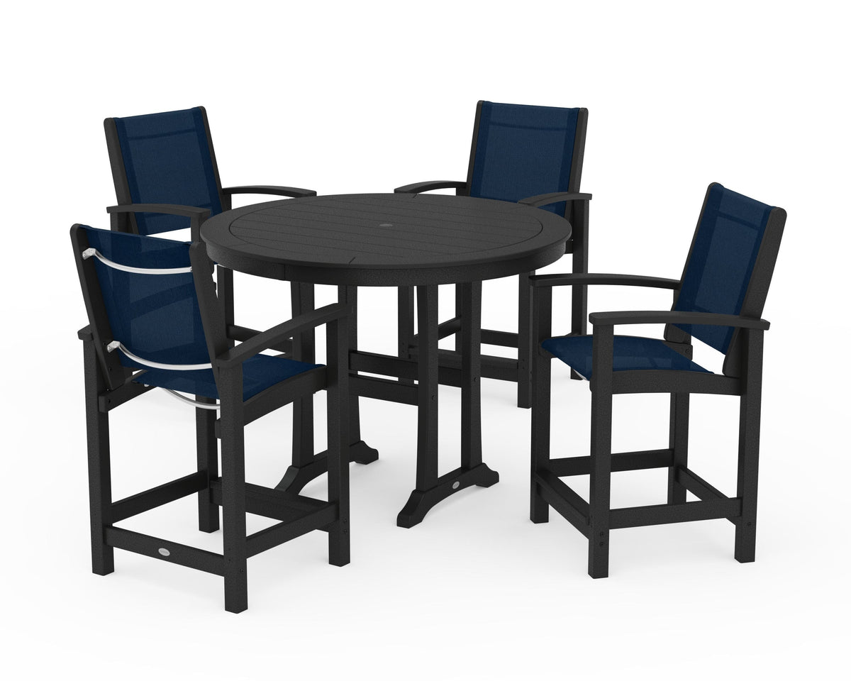 POLYWOOD Coastal 5-Piece Counter Set in Black / Navy Blue