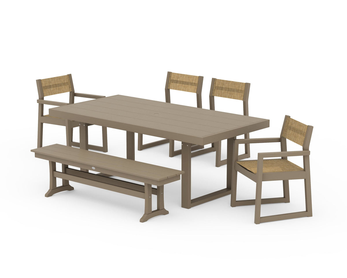 POLYWOOD EDGE Sling 6-Piece Dining Set with Bench in Vintage Sahara / Burlap