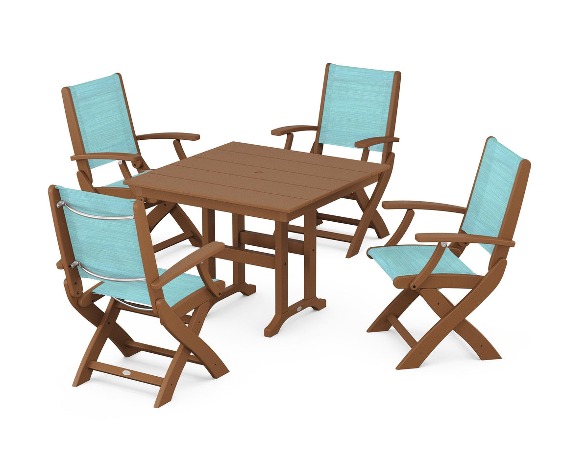 POLYWOOD Coastal Folding Chair 5-Piece Farmhouse Dining Set in Teak / Dupioni Aquamarine