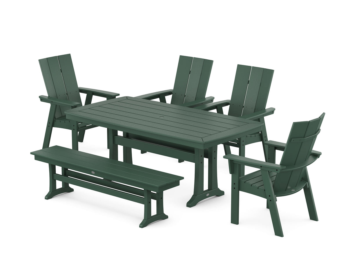 POLYWOOD Modern Curveback Adirondack 6-Piece Farmhouse Dining Set with Trestle Legs and Bench - 38" x 73" Table in Green