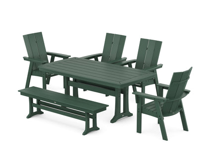 POLYWOOD Modern Curveback Adirondack 6-Piece Farmhouse Dining Set with Trestle Legs and Bench - 38" x 73" Table in Green