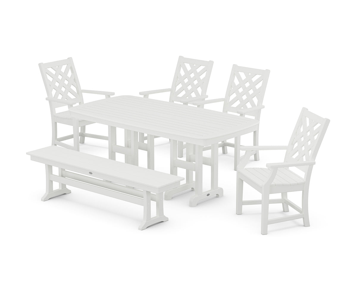 POLYWOOD Country Living Wovendale 6-Piece Farmhouse Dining Set with Bench with Nautical 37" x 72" Dining Table in White