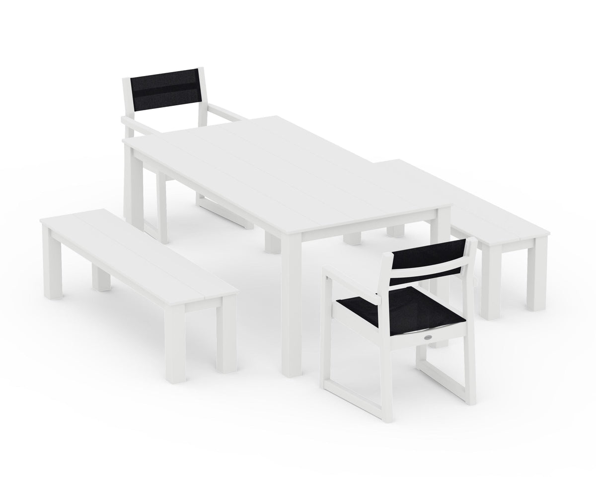 POLYWOOD EDGE Sling Arm Chair 5-Piece Parsons Dining Set with Benches in White / Black