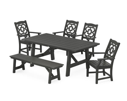 POLYWOOD Chinoiserie 6-Piece Rustic Farmhouse Dining Set with Bench in Black
