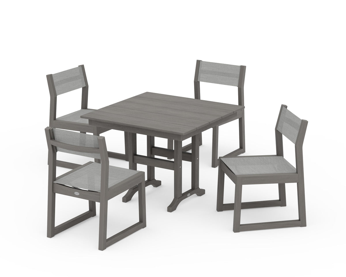 POLYWOOD EDGE Sling Side Chair 5-Piece Farmhouse Dining Set in Driftwood / Metallic