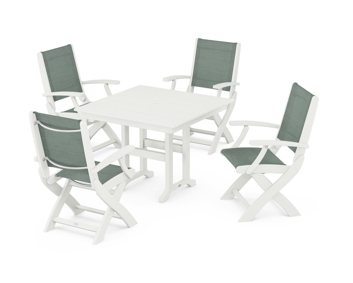 POLYWOOD Coastal Folding Chair 5-Piece Farmhouse Dining Set in Vintage White / Dupioni Sea Mist