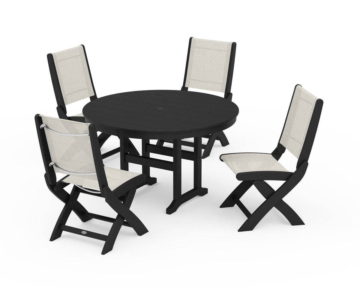 POLYWOOD Coastal Folding Side Chair 5-Piece Round Dining Set in Black / Parchment