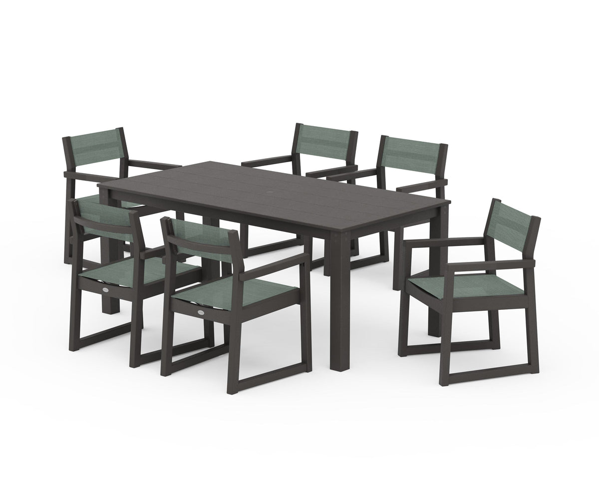 POLYWOOD EDGE Sling Arm Chair 7-Piece Parsons Dining Set in Vintage Coffee / Dupioni Sea Mist