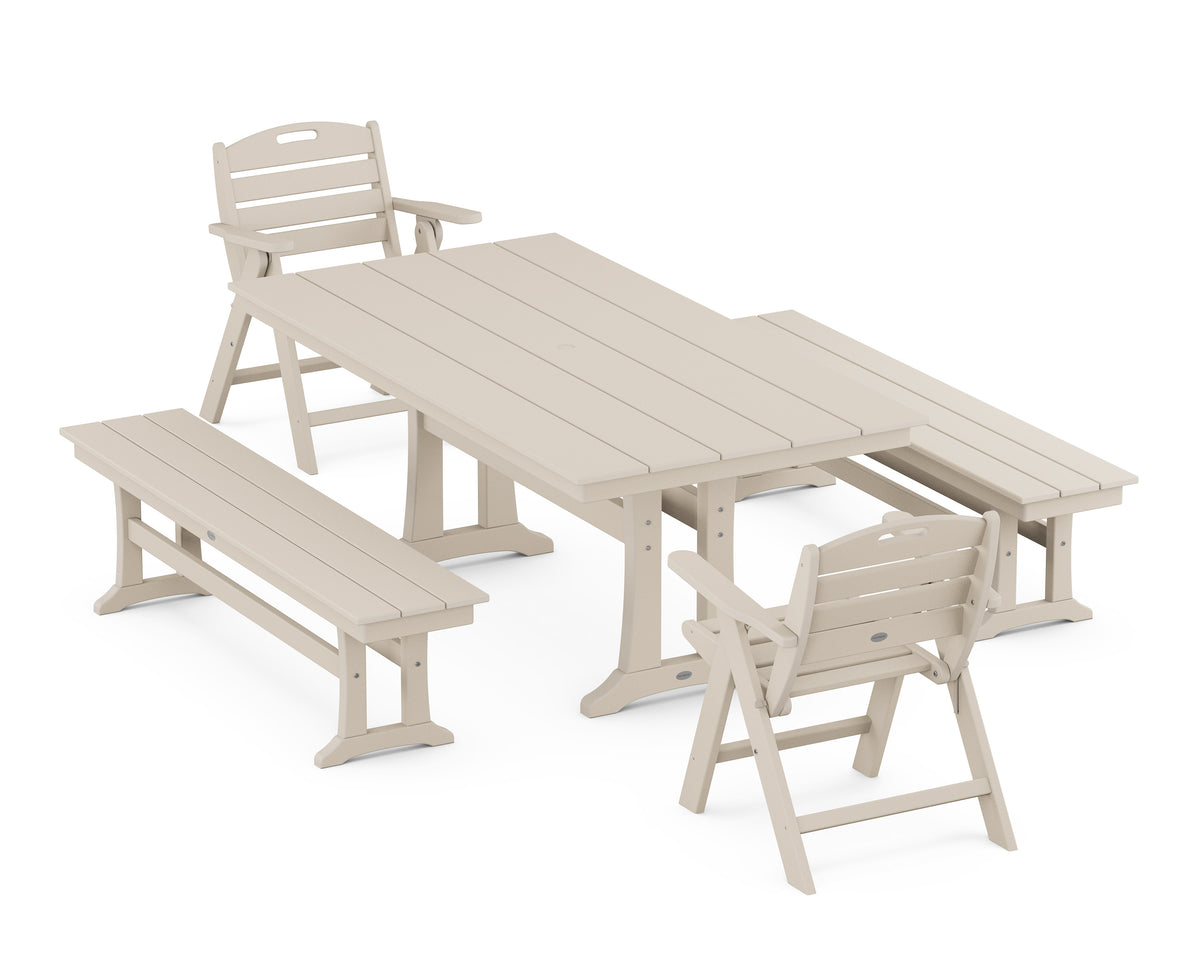 POLYWOOD Nautical Folding Lowback Chair 5-Piece Farmhouse Dining Set with Trestle Legs - 37" x 72" Table in Sand