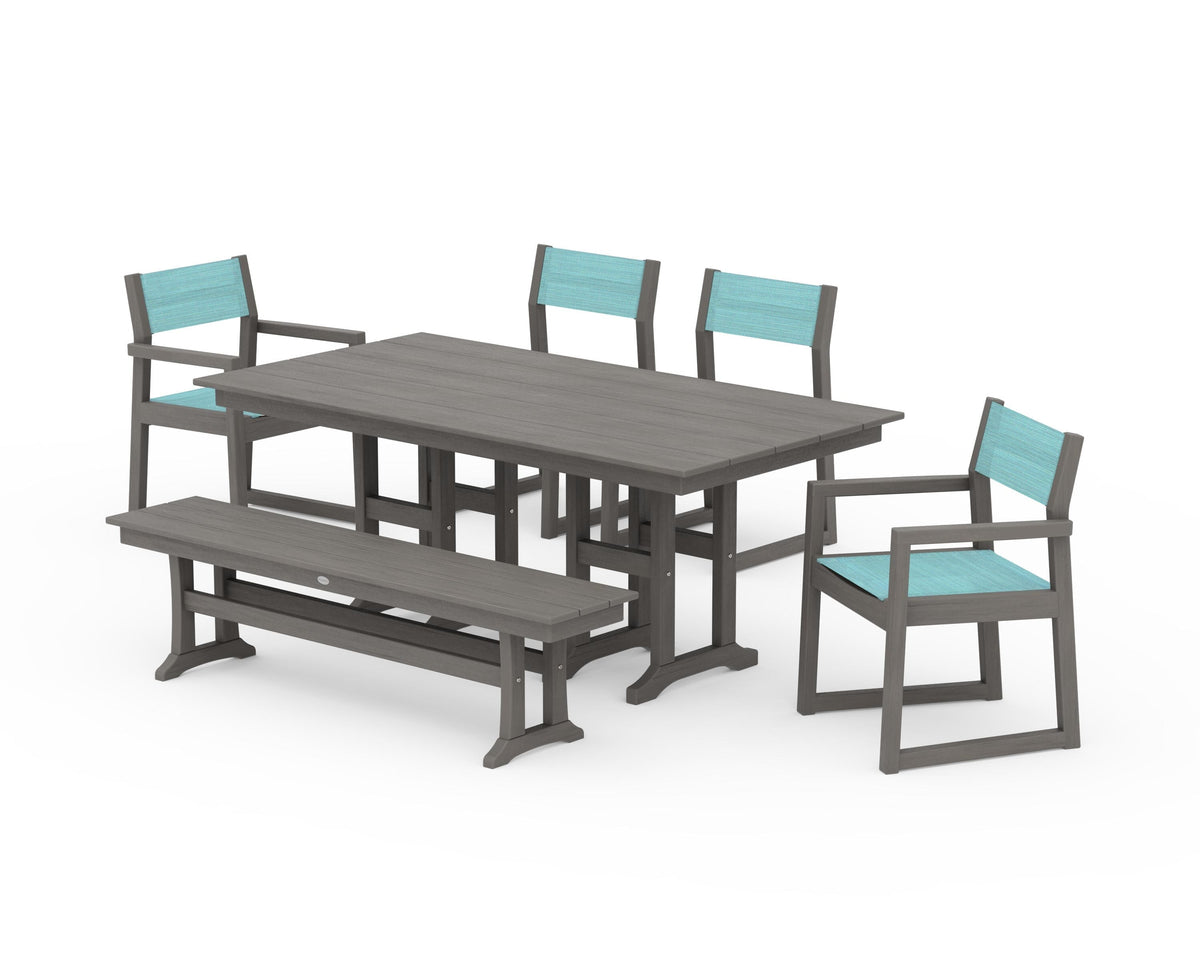 POLYWOOD EDGE Sling 6-Piece Farmhouse Dining Set in Driftwood / Dupioni Aquamarine