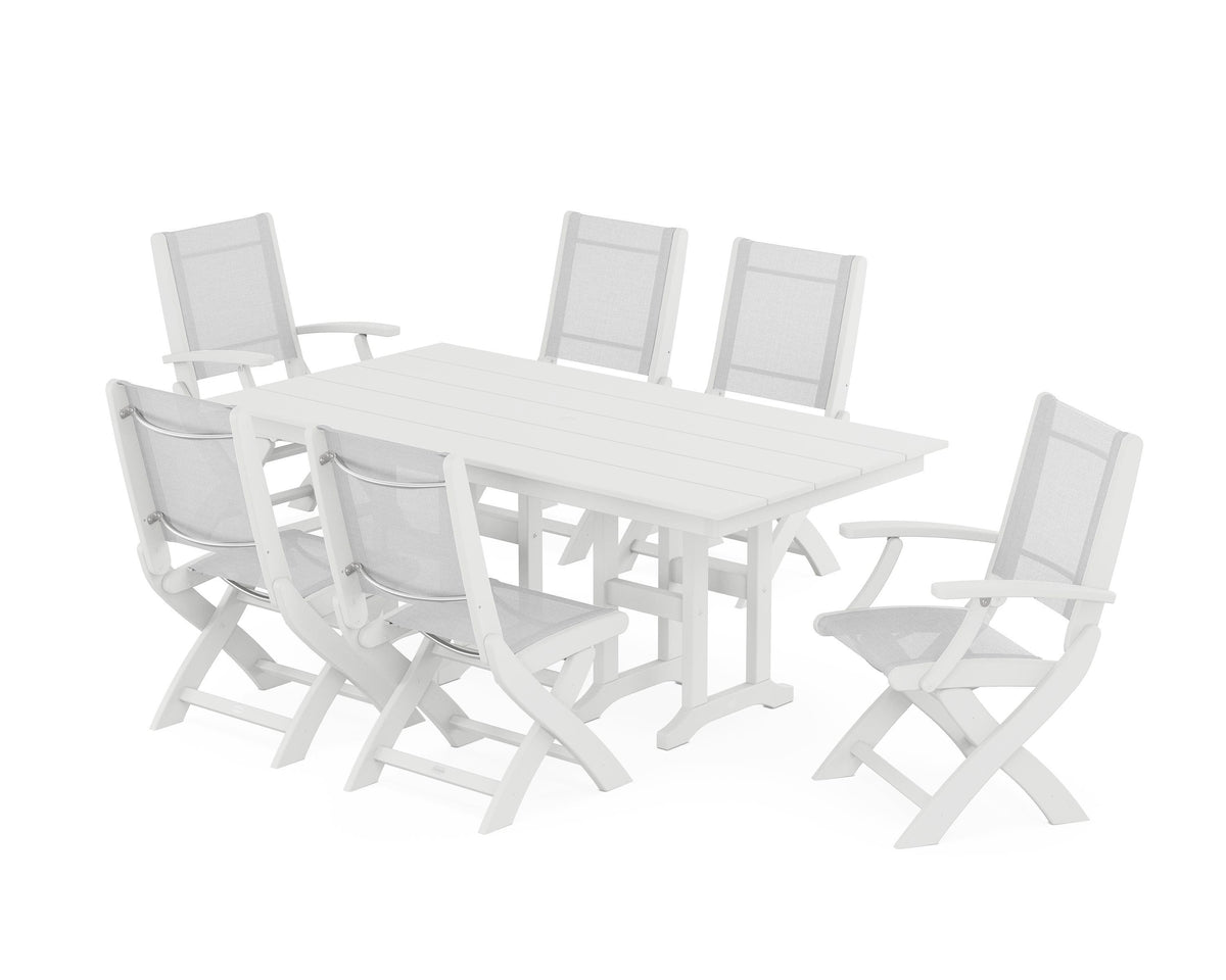 POLYWOOD Coastal Folding Chair 7-Piece Farmhouse Dining Set in White / White