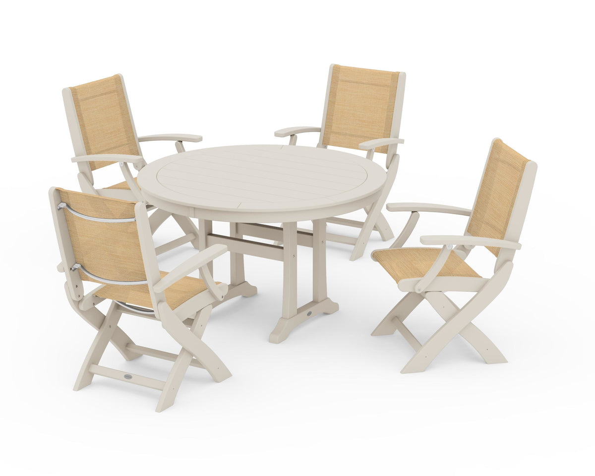 POLYWOOD Coastal Folding Chair 5-Piece Round Dining Set with Trestle Legs in Sand / Dupioni Apricot