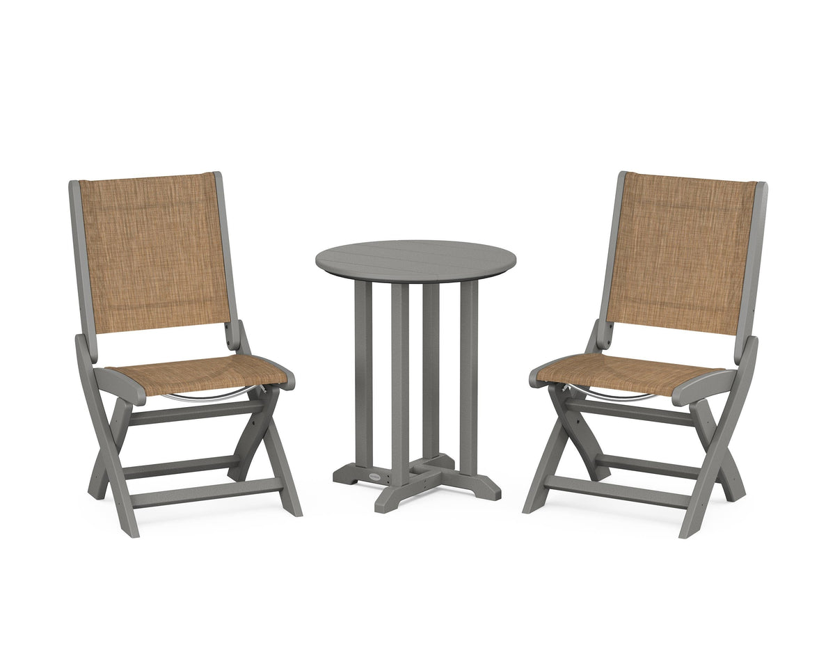 POLYWOOD Coastal Folding Side Chair 3-Piece Round Bistro Dining Set in Slate Grey / Burlap