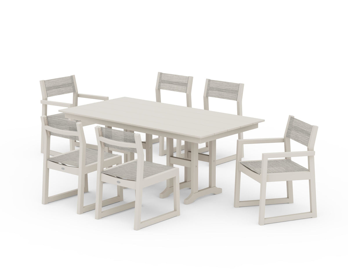 POLYWOOD EDGE Sling 7-Piece Farmhouse Dining Set in Sand / Birch