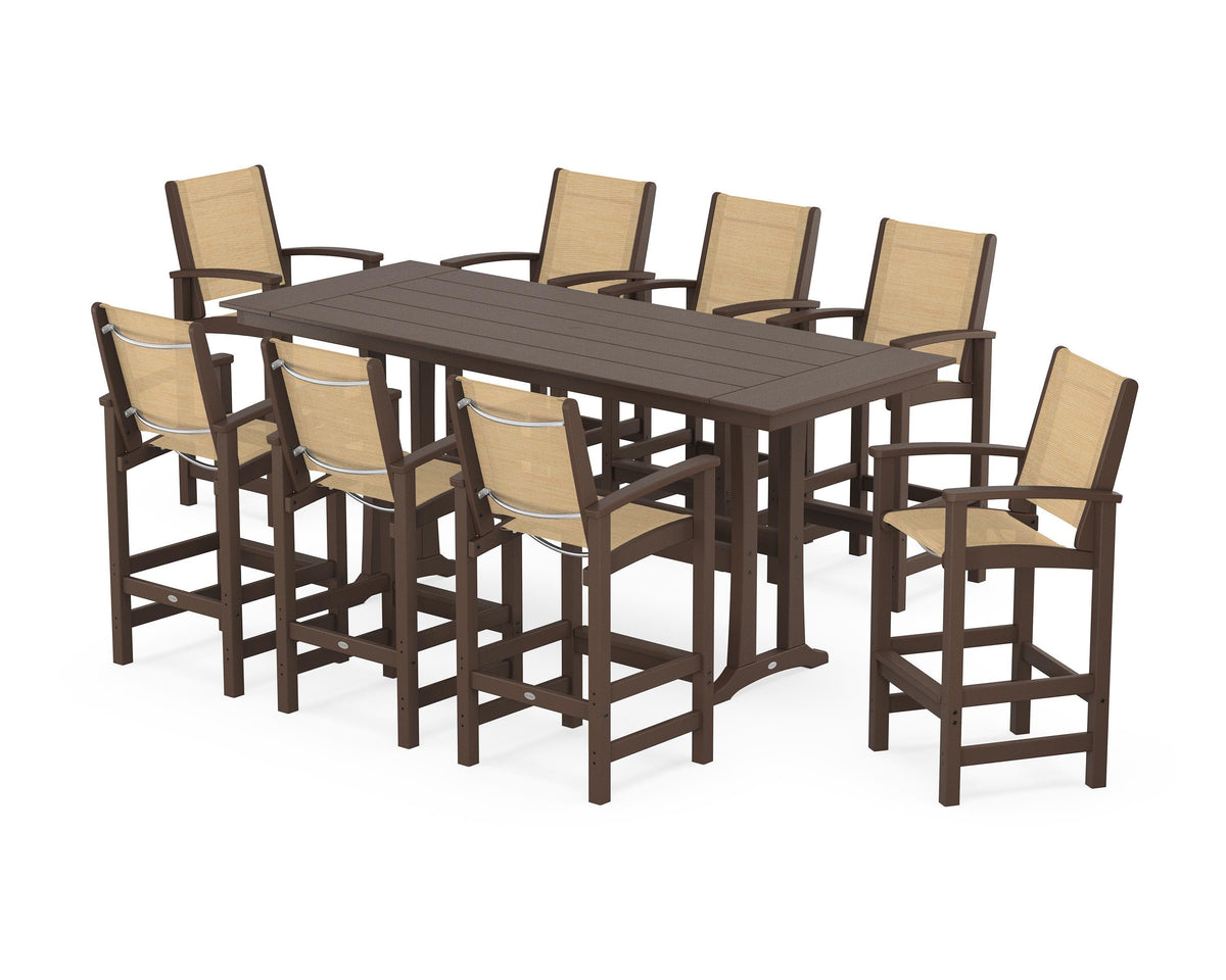POLYWOOD Coastal 9-Piece Farmhouse Bar Set with Trestle Legs in Mahogany / Dupioni Apricot
