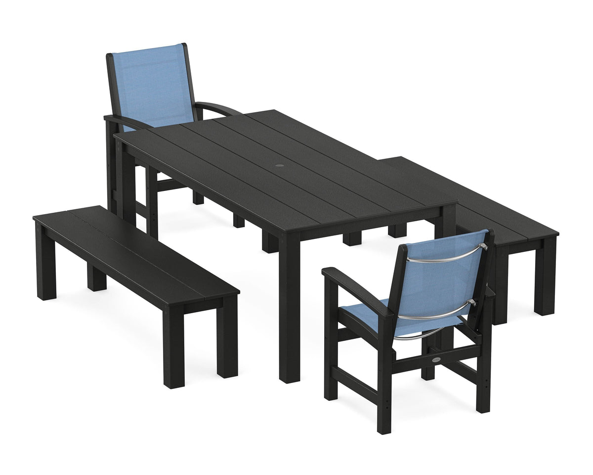 POLYWOOD Coastal 5-Piece Parsons Dining Set with Benches in Black / Poolside
